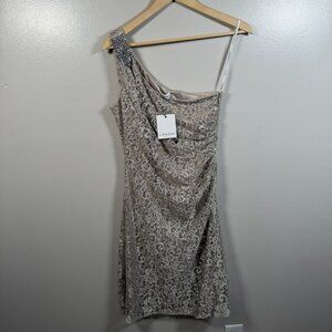 Calvin Klein Sequin One Shoulder Dress Size 6 Beige Silver Party Holiday Event